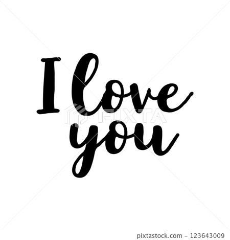 Handwritten I love you text in black ink on a white background, simple and clean style, expressing love and affection concept. Valentine's day, wedding illustration. 123643009