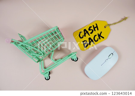 Cashback text on price tag with optical mouse and trolley shopping cart on pink background Cashback text on price tag with optical mouse and trolley shopping cart on pink background 123643014