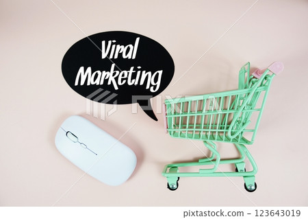 Viral Marketing text on speech bubble with optical mouse and trolley shopping cart on pink background 123643019
