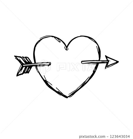Black and white hand-drawn heart pierced by an arrow, minimalist style on a clean white background, symbolizing love and romance. Valentine's day illustration. Black and white hand-drawn heart pierced by an arrow, minimalist style on a clean white background, symbolizing love and romance. Valentine's day illustration. 123643034