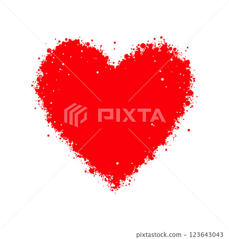 Red heart created using splatter effect, abstract artistic style, on a plain white background. Valentine's day illustration. 123643043