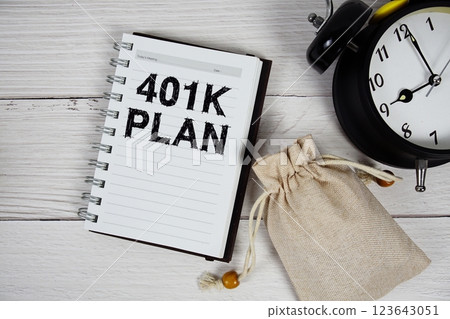 401K Plan text on notepad with money bag and alarm clock on wooden background 401K Plan text on notepad with money bag and alarm clock on wooden background 123643051