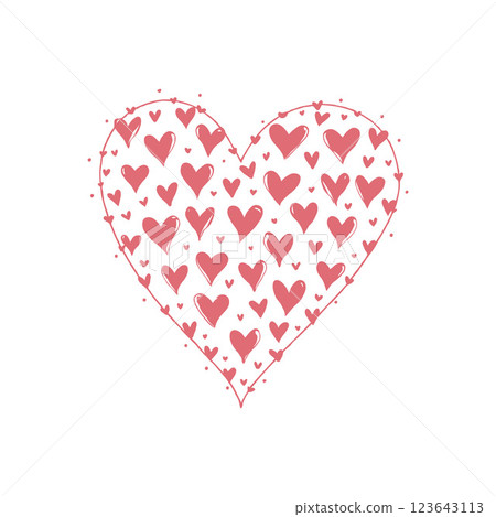 Large hand-drawn heart filled with smaller pink hearts, simple line art on white background, symbolizing love and affection. Valentine's day, wedding illustration. 123643113