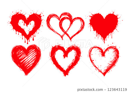Set of red hand-drawn hearts with paint splatters and strokes, on white background, representing love. Valentine's day, wedding illustration. 123643119