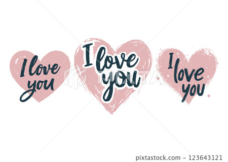 Three hand-drawn pink hearts with I love you text in dark blue font on a white background, romantic love concept. Valentine's day, wedding illustration. 123643121