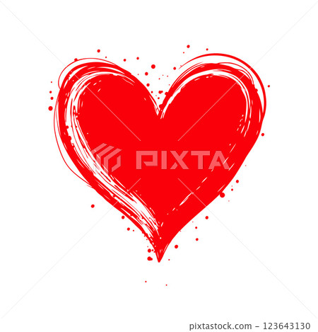 Red heart with expressive brush strokes and paint splatters on a clean white background, symbolizing love and passion. Valentine's day illustration. 123643130