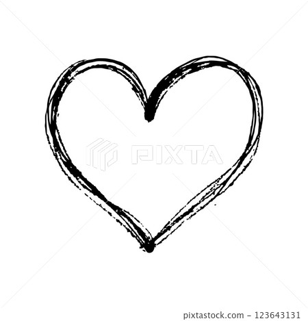Black hand-drawn heart with rough strokes, uneven texture, on plain white background. Concept of love, simplicity, and minimalism. Valentine's day illustration. 123643131