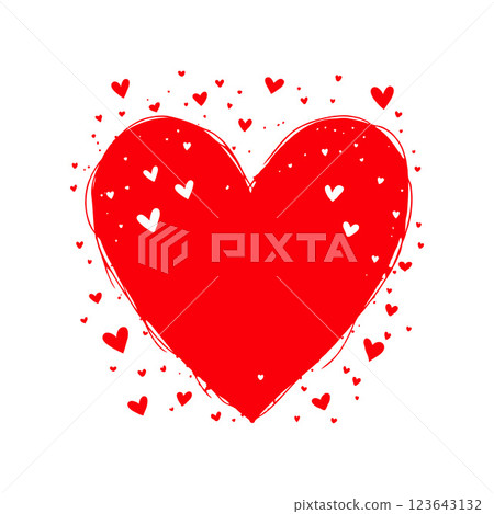 Red heart illustration with white and red smaller hearts scattered around, hand-drawn style, on a plain white background, Valentine's day illustration. 123643132