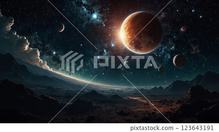 Starry sky and night view over the mountains 123643191