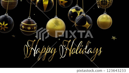 Happy holidays text with black and gold christmas baubles swinging and stars on black background Happy holidays text with black and gold christmas baubles swinging and stars on black background 123643233
