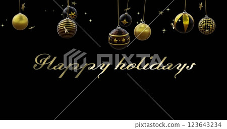 Happy holidays text in gold with black and gold christmas baubles and stars on black background Happy holidays text in gold with black and gold christmas baubles and stars on black background 123643234