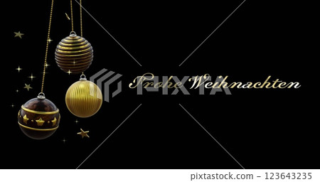 Frohe weihnachten text in gold with black and gold christmas baubles and stars on black background Frohe weihnachten text in gold with black and gold christmas baubles and stars on black background 123643235