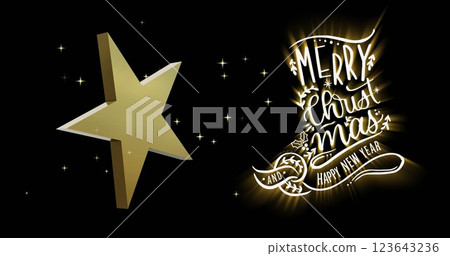 Merry christmas and happy new year text with rotating gold star on black background 123643236