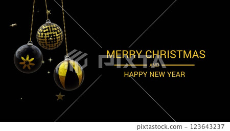 Merry christmas and happy new year test with black and gold baubles and stars on black background Merry christmas and happy new year test with black and gold baubles and stars on black background 123643237
