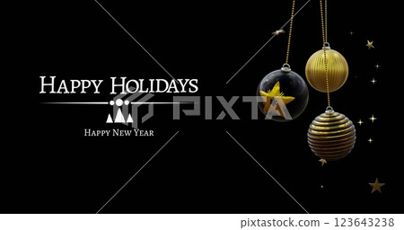 Happy holidays, happy new year text with black and gold christmas baubles and stars on black 123643238