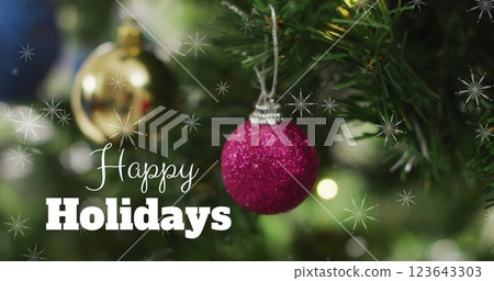 Image of season's greetings text over christmas tree Image of season's greetings text over christmas tree 123643303