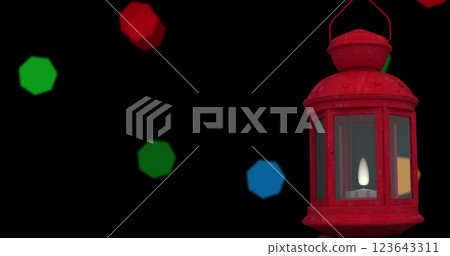 Image of christmas red lantern and fairy lights flickering over black background 123643311