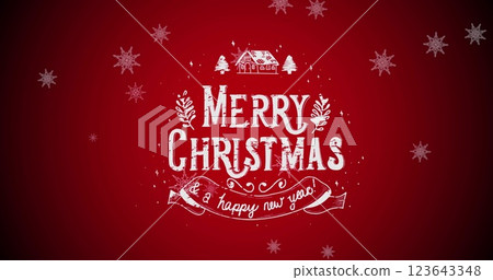 Image of christmas greetings text over snow falling on red background 123643348