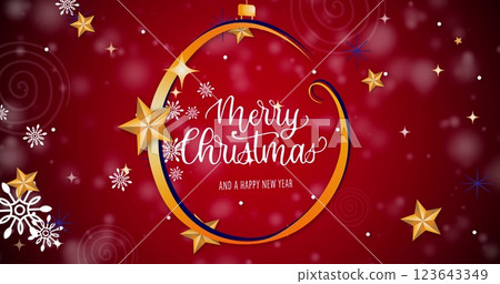 Image of christmas greetings text over snow falling on red background Image of christmas greetings text over snow falling on red background 123643349