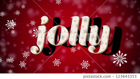 Image of christmas jolly text over snow falling on red background 123643353