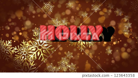 Image of christmas holly text over snow falling on brown background 123643358