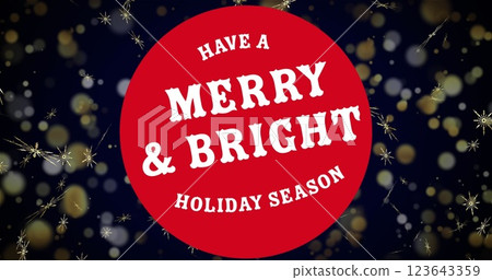 Image of christmas greetings text on red circle over snow falling on black background 123643359