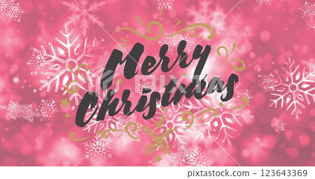 Image of christmas greetings text over snow falling on red background 123643369
