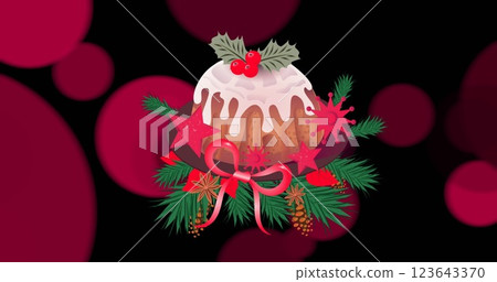 Image of christmas pudding with decorations on black background 123643370