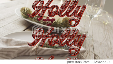 Image of christmas greetings text over christmas table and decorations 123643402