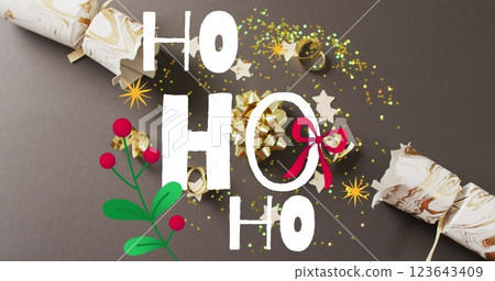 Image of christmas greetings text over christmas decorations 123643409