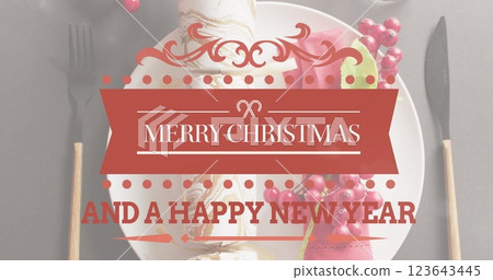 Image of christmas greetings text over christmas decorations 123643445