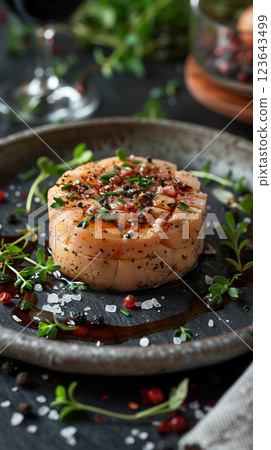Truffled foie gras tartare served on a stylish slate platter, complemented by a drizzle of truffle oil and a sprinkle of sea salt 123643499