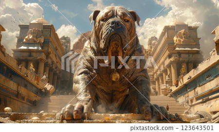 Visualize English Mastiffs as brave guardians alongside armored knights, standing strong in defense of castles. 123643501
