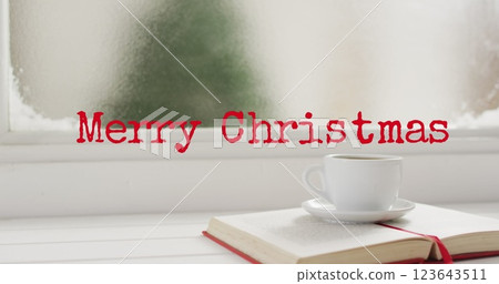 Image of christmas greetings text over open book and cup 123643511