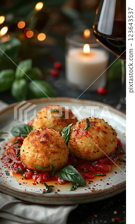 Elegant arancini on a sleek white plate in a sophisticated restaurant, garnished with fresh basil and a drizzle of marinara sauce. 123643537