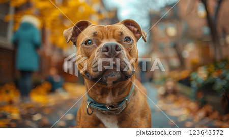American Staffordshire Terriers exploring city streets alongside their owners, confidently navigating bustling neighborhoods. 123643572