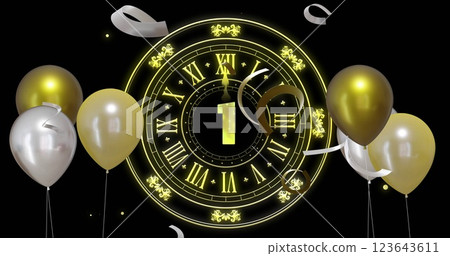 Image of clock showing midnight and gold and silver balloons on black background 123643611