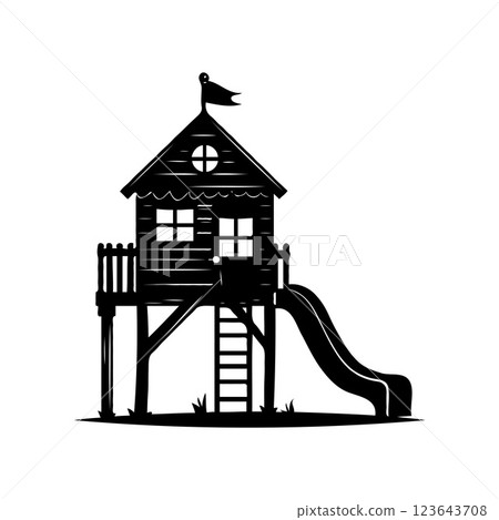 Black silhouette of a wooden treehouse with ladder, slide, and flag on top, isolated on a white background, Concept of childhood playhouse 123643708
