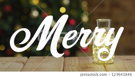 Image of merry text over christmas decorations 123643848
