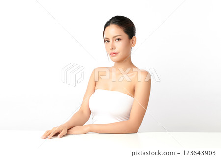 Beautiful young asian woman with clean fresh skin on white background, Face care, Facial treatment, Cosmetology, beauty and spa, Asian women portrait. Beautiful young asian woman with clean fresh skin on white background, Face care, Facial treatment, Cosmetology, beauty and spa, Asian women portrait. 123643903