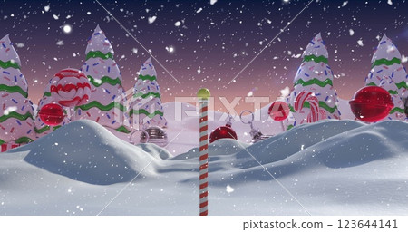 Image of snow falling over christmas winter scenery Image of snow falling over christmas winter scenery 123644141