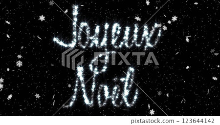 Image of joyeux noel text over snow falling in winter scenery 123644142