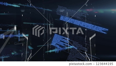 Image of connections and data processing over black background 123644195