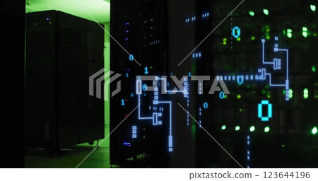 A server room glows with green lights, symbolizing network activity 123644196