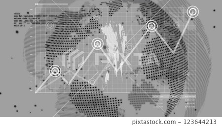 Image of data processing and world map over globe on grey background Image of data processing and world map over globe on grey background 123644213