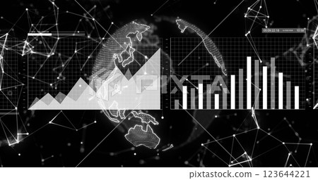 Image of connections and data processing over globe on black background Image of connections and data processing over globe on black background 123644221