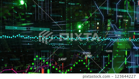 Image of data processing and circuit board connections over black background 123644227