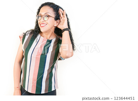 Smiling Afro woman with hand on ear hearing a rumor isolated. Beautiful afro girl listening to a rumor Smiling Afro woman with hand on ear hearing a rumor isolated. Beautiful afro girl listening to a rumor 123644451