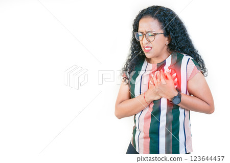 Afro girl with tachycardia touching chest. People with heart problems. Afro woman with heart pain touching chest isolated 123644457