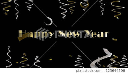 Image of happy new year text, party streamers and confetti on black background Image of happy new year text, party streamers and confetti on black background 123644506